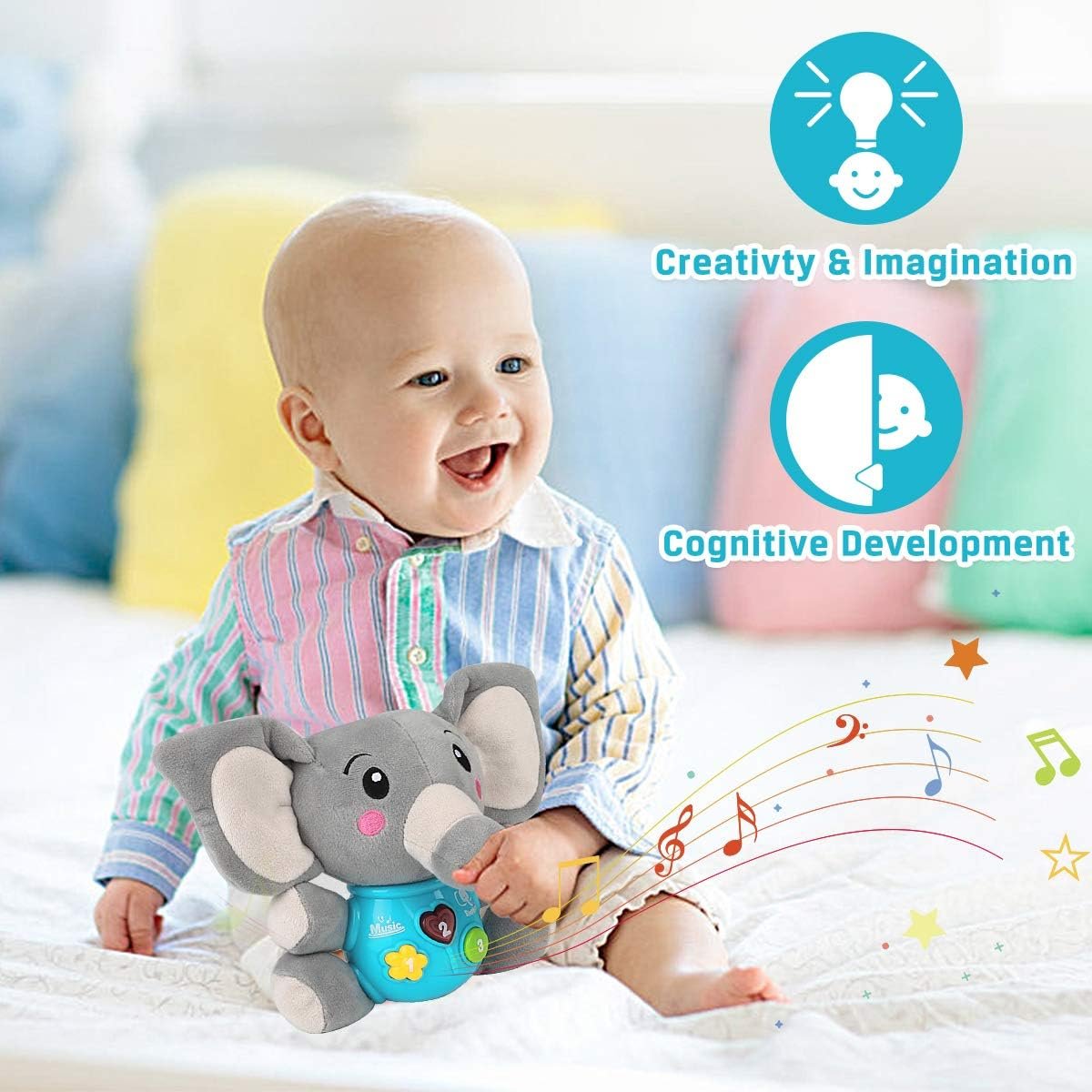 Aitbay Plush Elephant Music Baby Toys 0 3 6 9 12 Months, Cute Stuffed Aminal Light Up Baby Toys Newborn Baby Musical Toys for Infant Babies Boys  Girls Toddlers 0 to 36 Months (Gray)