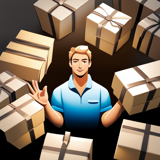 An image of a person surrounded by an enticing array of Amazon packages, their face illuminated by the glow of a screen displaying personalized product recommendations