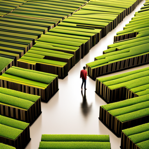 An image depicting a person surrounded by stacks of Amazon boxes, but with a clear path leading towards a serene garden