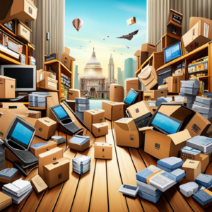 An image capturing the chaos of a cluttered living room with stacks of Amazon packages, unopened boxes spilling out, a overwhelmed shopper sitting amidst it all, surrounded by an array of products