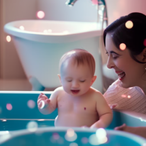 An image of a serene bathroom with soft, pastel-colored walls and a large, luxurious bathtub filled with warm water