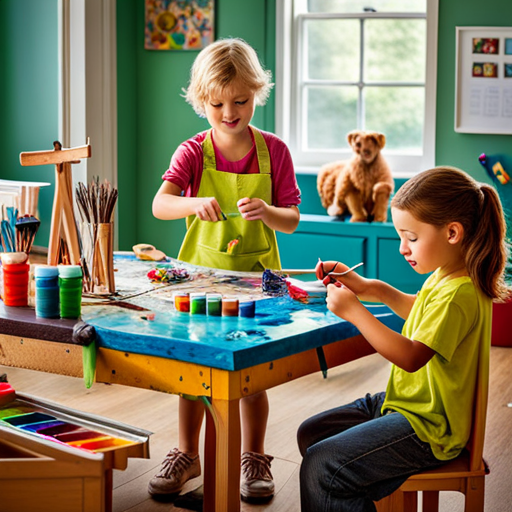 An image of a vibrant, messy art studio filled with children joyfully engrossed in various activities: painting, sculpting, and crafting