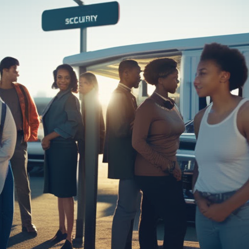 An image featuring a diverse group of travelers standing confidently together, forming a protective circle around their parked car
