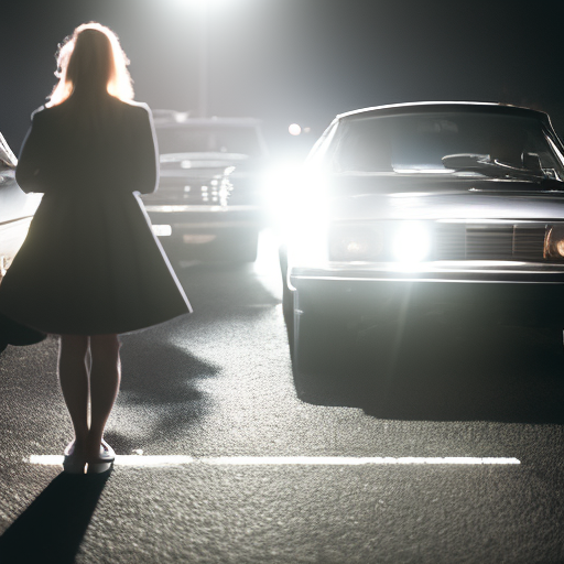 A compelling image showcasing a woman parked in a dimly lit parking lot, unaware of the suspicious figure lurking nearby, their silhouette suggesting an imminent threat
