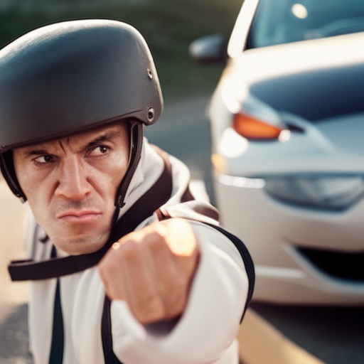 An image of a confident individual, wearing a self-defense uniform, executing a powerful punch while standing in front of a car