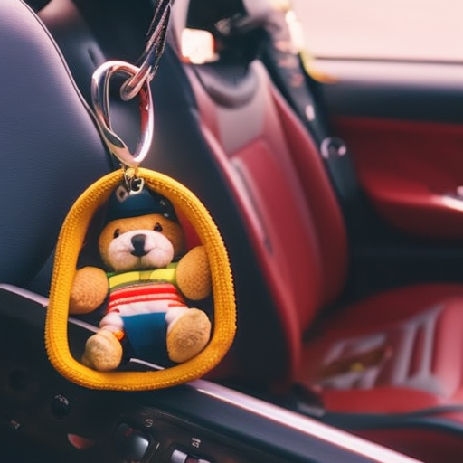 An image depicting a car key hanging from a brightly colored lanyard, placed next to a stuffed animal on the driver's seat, serving as a visual reminder to parents to always check the backseat for their children