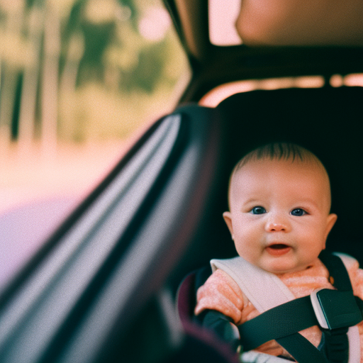 An image capturing a parent securely fastening their baby in a car seat—a focused hand gripping the buckle, gently tugging the straps tight, and the baby's content face in the background