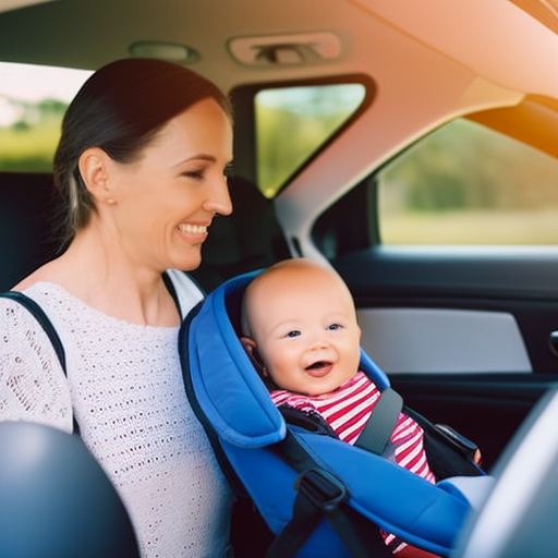 An image depicting a smiling parent securely fastening a baby into a rear-facing car seat inside a vehicle
