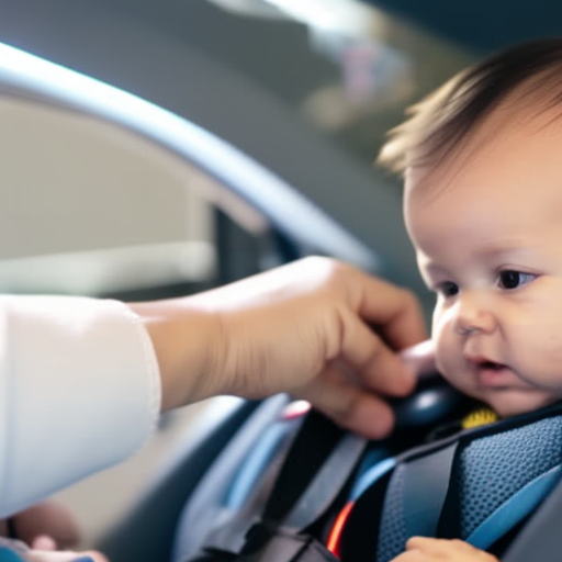An image of a certified car seat technician inspecting a baby car seat, carefully examining the secure installation, correct harness adjustment, and proper buckling technique, ensuring optimal car seat safety for little ones