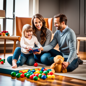 An image of a cozy living room filled with plush toys, a colorful playmat sprawled on the floor, a stack of board books, and a mini ball pit in one corner, inviting parents to explore a world of joyful baby activities at home