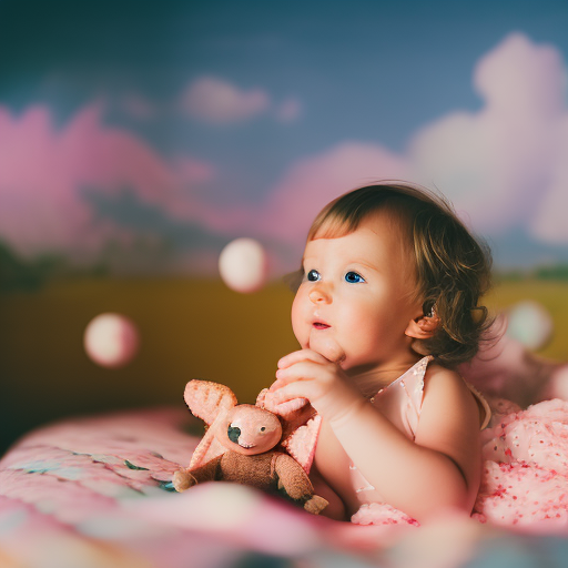 An image capturing the tender moment of a wide-eyed toddler, clutching their favorite stuffed animal, nestled in a whimsical, pastel-toned toddler bed adorned with playful patterns and surrounded by soft, dreamy clouds
