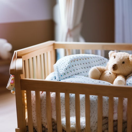 An image of a cozy, wooden crib adorned with soft pastel bedding, a plush mobile, and a tiny teddy bear nestled inside
