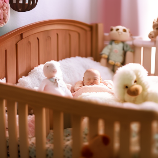 An image capturing a cozy nursery scene with a beautifully crafted wooden baby bed adorned with delicate pastel bedding, surrounded by plush toys and a gentle nightlight casting a warm glow