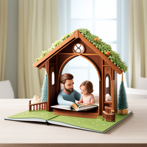 An image showcasing a cozy nursery with a parent and baby cuddling up together, exploring a vibrant pop-up book filled with enchanting characters and interactive elements, igniting their imagination and fostering a love for reading