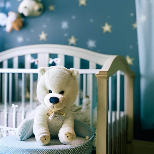 An image of a beautifully adorned baby boy crib, featuring soft and plush bedding in soothing shades of blue, a gentle mobile with adorable animal characters, and a cozy stuffed animal nestled in the corner