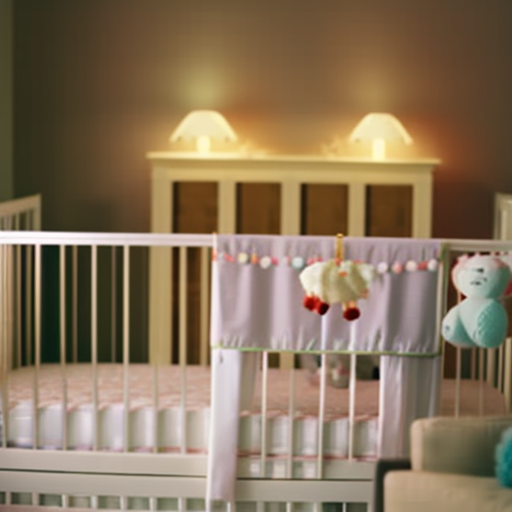  a captivating image of a beautifully adorned baby cot, adorned with soft pastel bedding, plush toys, and delicate mobiles