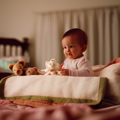 An image capturing a peaceful bedroom scene: a smiling toddler, wrapped in a cozy blanket, sound asleep in a charming toddler bed adorned with soft toys, while a baby cot stands empty beside it