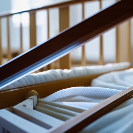 An image capturing the precise steps of safely assembling a baby crib: carefully attaching the sturdy wooden frame, securing the adjustable mattress height, and meticulously fastening the protective railing