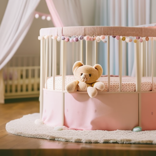 An image showcasing a beautifully decorated baby crib, adorned with soft pastel drapes, plush toys, and a mobile with whimsical animals