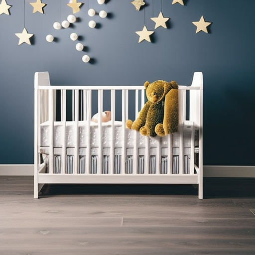 An image showcasing a sleek, modern baby crib adorned with safety rails, adjustable mattress heights, and a convenient storage drawer