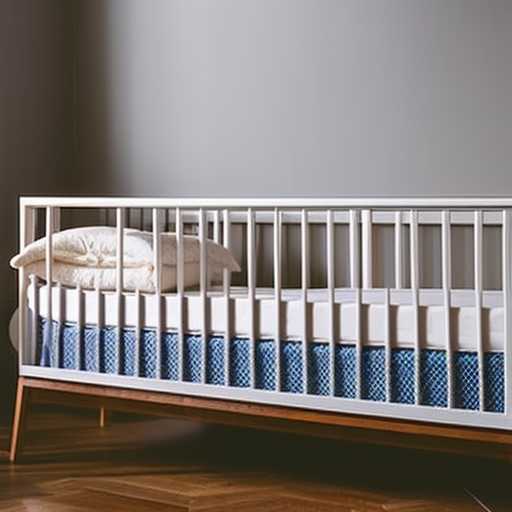 An image showcasing a sturdy, sleek baby crib with rounded edges, adjustable mattress heights, and non-toxic finishes