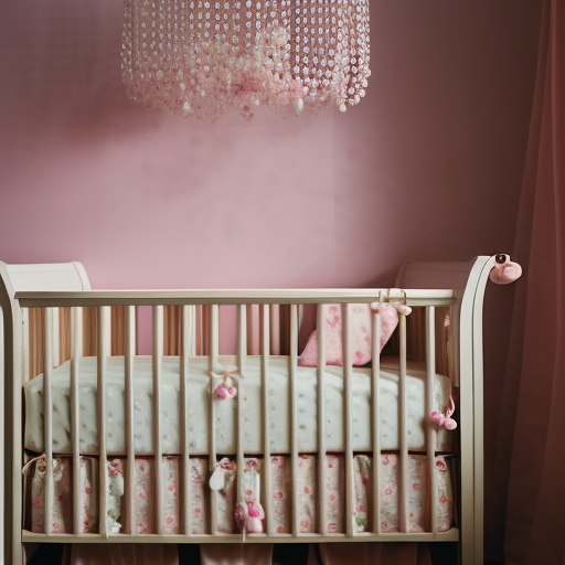 An image showcasing a beautifully decorated baby girl crib, adorned with pastel pink bedding, a delicate canopy, and charming wall decals