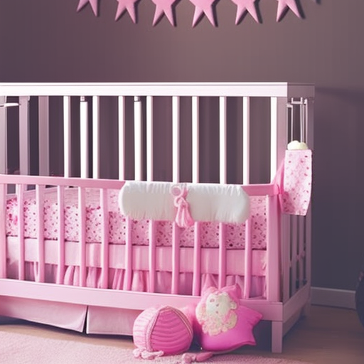 An image showcasing a spacious, sturdy baby girl crib with adjustable mattress heights, adorned with delicate pink bedding and a whimsical mobile