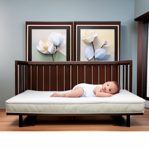 An image depicting a peaceful baby sleeping on an elevated crib mattress, surrounded by soothing pastel colors
