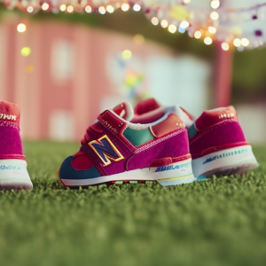-up image capturing the vibrant hues of tiny baby New Balance shoes, showcasing the intricate stitching details, soft cushioned soles, and velcro straps, perfect for little feet taking their first steps