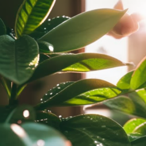 An image showcasing a pair of gentle hands gently misting the velvety leaves of a baby rubber plant, with droplets glistening in the soft sunlight that filters through a nearby window