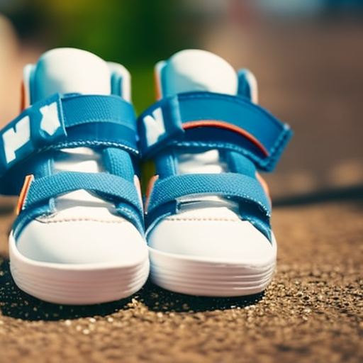 An image showcasing a pair of vibrant blue athletic baby shoes for boys, with cushioned soles and sturdy ankle support