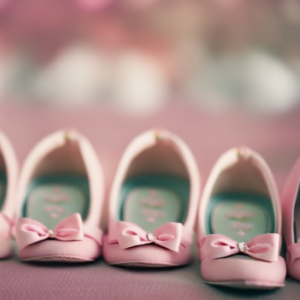 An image that showcases adorable baby shoes for girls, featuring delicate pink ballet flats adorned with tiny satin bows, surrounded by a backdrop of soft pastel colors and whimsical floral patterns