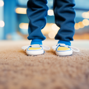 An image showcasing a pair of adorable baby shoes for walking, featuring soft, cushioned soles designed to support wobbly steps