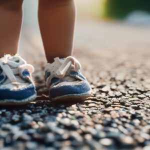 An image capturing the delicate moment of a pair of tiny, worn-out baby shoes, with scuffed soles and loose laces, standing independently on a cobbled pathway, symbolizing the journey of learning to walk