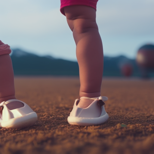 An image of a baby's feet clad in soft, flexible shoes, delicately balancing on their tiptoes as they take their first steps
