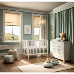 An image of a serene nursery with a cozy crib adorned with soft blankets and plush toys