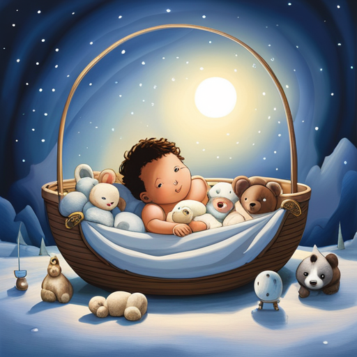 An image of a serene nursery bathed in soft moonlight, with a peacefully slumbering baby wrapped in a cozy blanket, surrounded by plush toys and a mobile gently spinning above
