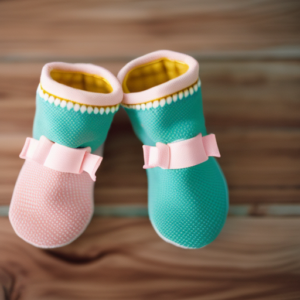 An image showcasing a pair of adorable baby sock shoes, crafted from soft and stretchy fabric