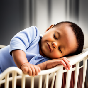 An image showcasing a peaceful baby sleeping soundly in a crib, with a soothing teething toy within reach