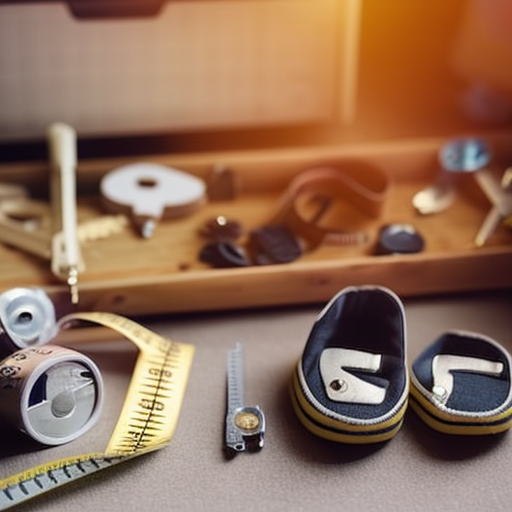 An image showcasing a pair of adorable baby Vans shoes surrounded by a variety of measuring tools, such as a tape measure, ruler, and sizing chart