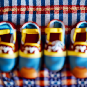 An image that showcases a pair of adorable baby Vans shoes in a vibrant shade of blue, featuring the iconic checkered pattern on the sides, resting on a soft, knitted blanket surrounded by colorful toy blocks