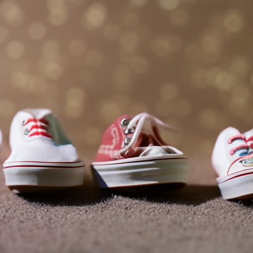 An image showcasing an adorable pair of baby Vans shoes positioned in front of a nostalgic background, featuring a timeline of Vans shoe designs throughout the years