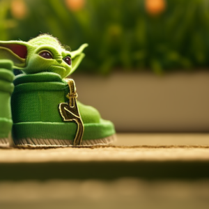 An image that showcases a pair of adorable, miniature Baby Yoda shoes, featuring soft, green suede material with intricate hand-stitched details, tiny pointy ears on the sides, and a comfortable cushioned sole