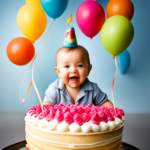 the joy and excitement of a baby's first birthday in an image that showcases a beautifully decorated cake with one candle, surrounded by colorful balloons, streamers, and smiling faces of loved ones