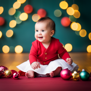 the tender magic of Baby's First Christmas: a cozy living room with twinkling lights cascading from a plump evergreen adorned with delicate ornaments, while a gleeful infant in a festive onesie reaches out to touch a shiny bauble