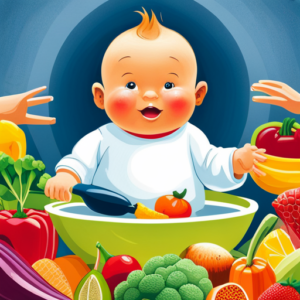 An image showcasing a chubby-cheeked baby sitting in a high chair, surrounded by a colorful array of mashed fruits and vegetables