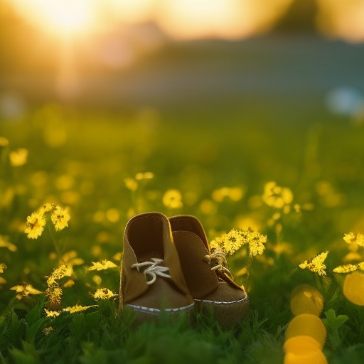  Capture an enchanting image of a tiny pair of shoes nestled amidst a blooming meadow, bathed in golden sunlight