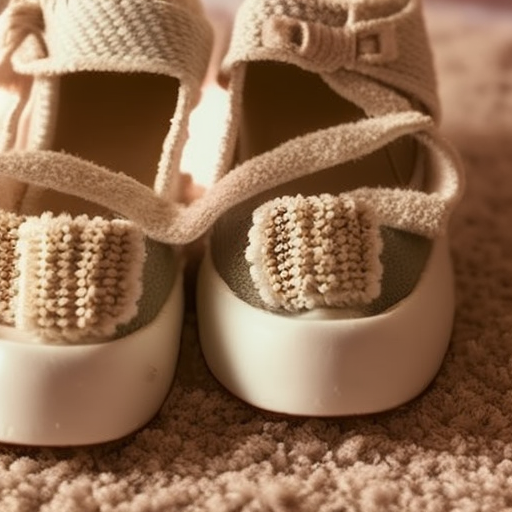An image showcasing tiny, pristine baby shoes on a soft, pastel-colored rug