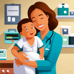 An image capturing a serene doctor's office scene, featuring a cheerful nurse holding a tiny baby, cradled in a parent's loving arms, while a gentle smile spreads across the doctor's face ready to administer the first vaccinations