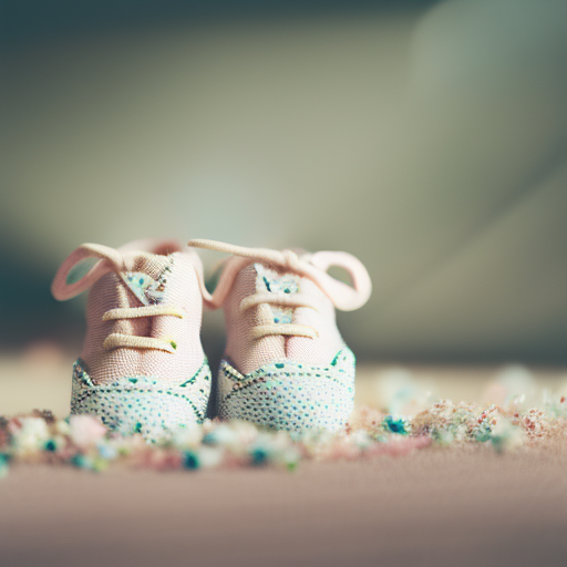 An image showcasing a pair of delicate, pastel-colored baby shoes with soft, cushioned soles, adorned with tiny floral patterns